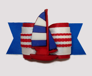 #A7537- 7/8" Dog Bow - Nautical Stripes, Red/White/Blue Sailboat