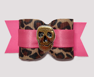 #A7575 - 7/8" Dog Bow - Wild Leopard Print w/Pink, Skull