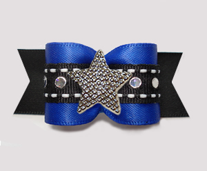 #A7600- 7/8" Dog Bow - Gorgeous Star, Blue/Black Satin w/Sequins - Click Image to Close
