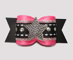 #A7601- 7/8" Dog Bow- Gorgeous Star, Pink/Silver/Black w/Sequins