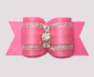 #A7637 - 7/8" Dog Bow - Perfect Pink Satin w/Silver, Rhinestones