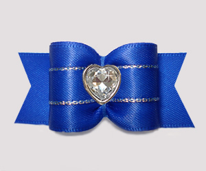 #A7641 - 7/8" Dog Bow - Regal Blue Satin w/Silver, Bling Heart