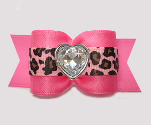 #A7643- 7/8" Dog Bow - Pretty Pink w/Leopard Accent, Bling Heart