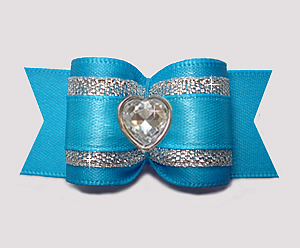 #A7645 - 7/8" Dog Bow - Vibrant Blue Satin w/Silver, Bling Heart
