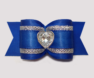 #A7646 - 7/8" Dog Bow - Regal Blue Satin w/Silver, Bling Heart