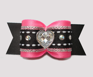 #A7647- 7/8" Dog Bow- Gorgeous Pink/Silver/Black, Sequins, Heart