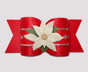 #A7653 - 7/8" Dog Bow - Red with Silver Accent, Ivory Poinsettia