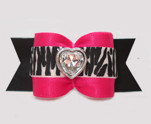 #A7658 - 7/8" Dog Bow - Hot Pink w/Zebra Accent, Bling Heart