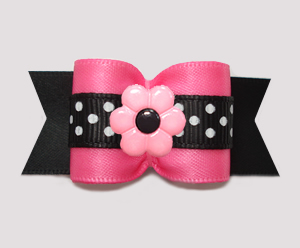 #A7668 - 7/8" Dog Bow- Pretty Pink/Black Satin w/Dots, Flower