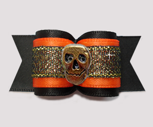 #A7671 - 7/8" Dog Bow - Orange/Black Shimmer, Bronze Skull