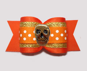 #A7673 - 7/8" Dog Bow - Orange/Gold with Bronze Skull