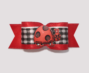 #1879B - 5/8" Dog Bow - Red Satin, Black/White Plaid, Ladybug