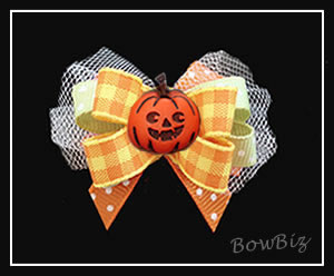 #BTQ300 - Boutique Dog Bow - Autumn Plaid, Happy Pumpkin