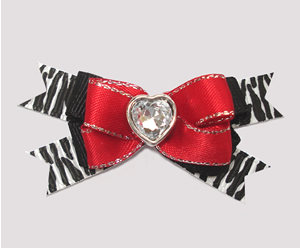 #BTQM980 - Mini Boutique Dog Bow Red Satin/Zebra, Bling Heart