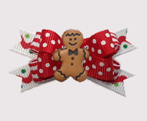 #BTQM989- Mini Boutique Dog Bow Festive Dots, Gingerbread Boy