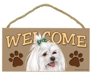 Wood Welcome Sign - Maltese with Bow