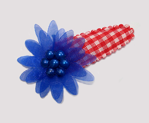 #SC0415 - Dog Snap Clip - Organza Flower, Red Gingham with Blue