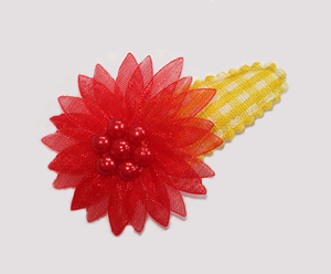 #SC0475 - Dog Snap Clip - Organza Flower, Yellow Gingham w/Red