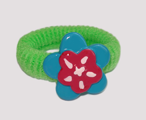 #SF0310 - Scrunchie Fun - Green Band, Blue/Raspberry Flower
