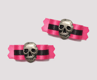 #T8809 - 3/8" Dog Bow - Sassy Hot Pink & Black, Skull