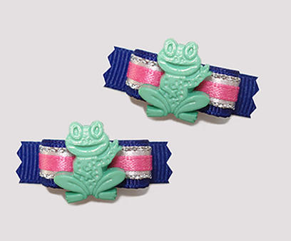 #T8819 - 3/8" Dog Bow - Ribbit! Cute Froggy, Blue/Silver/Pink