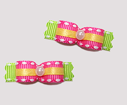#T8828 - 3/8" Dog Bow - Summer Brights, Hot Pink on Neon Green