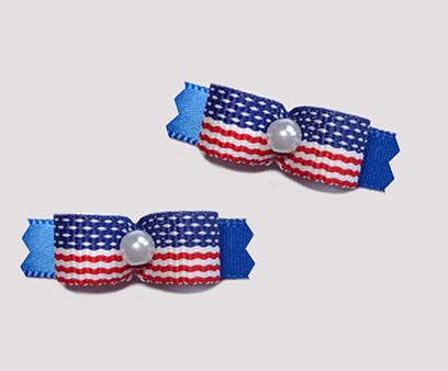 #T8831 - 3/8" Dog Bow - Stars & Stripes on Blue, Faux Pearl