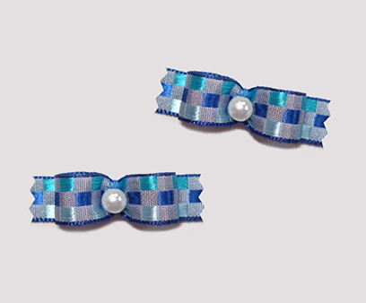 #T8911 - 3/8" Dog Bow - Sweet Blue Check, Faux Pearl