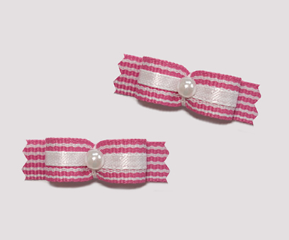 #T8942 - 3/8" Dog Bow - Cute Pink & White Stripe, Faux Pearl
