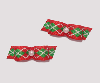 #T8981 - 3/8" Dog Bow - Preppy Argyle, Red & Green, Pearl