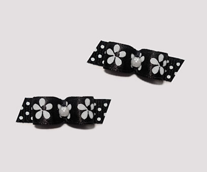 #T8995 - 3/8" Dog Bow - Bold Black & White Flowers, Faux Pearl