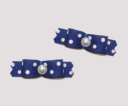 #T9010 - 3/8" Dog Bow - Navy with Cute White Dots, Faux Pearl