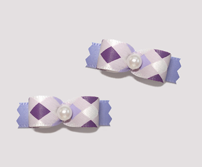 #T9035- 3/8" Dog Bow - Charming Purple Diamond Check, Faux Pearl