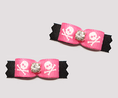 #T9107 - 3/8" Dog Bow - Sweet! Pink/White Skulls on Black