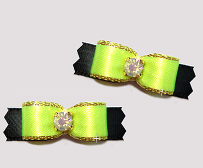 #T9116- 3/8" Dog Bow- Vibrant Neon w/ Gold on Black, Rhinestone