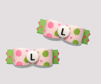 #T9128 - 3/8" Dog Bow - Bubble Dots, Pink/Lime, Custom Letter