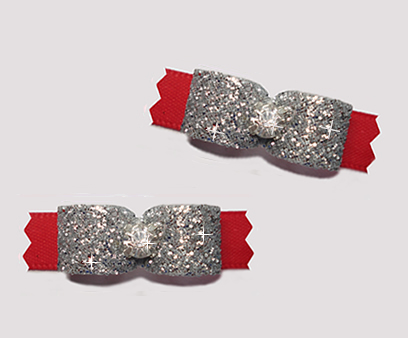 #T9152- 3/8" Dog Bow- Gorgeous Glitter, Classic Glam, Silver/Red