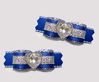 #T9158 - 3/8" Dog Bow- Gorgeous Blue/Sparkly Silver, Bling Heart