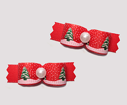 #T9179 - 3/8" Dog Bow - Holiday Trees with Sprinkle of Snow, Red