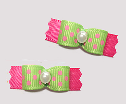#T9184 - 3/8" Dog Bow - Adorable Dots, Green with Pink - Click Image to Close