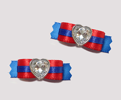#T9192 - 3/8" Dog Bow - Classic Red & Blue, Bling Heart