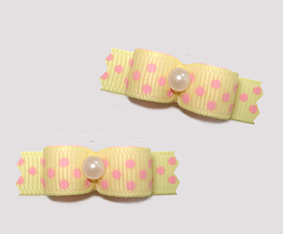 #T9201 - 3/8" Dog Bow - Baby Sweet, Soft Yellow with Pink Dots