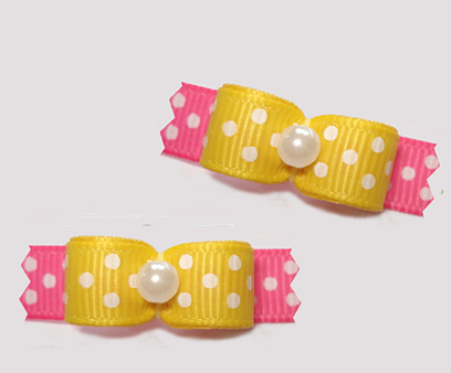 #T9210 - 3/8" Dog Bow - Delightful Dots, Daffodil Yellow/Pink
