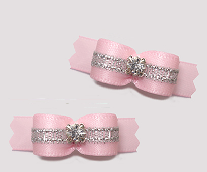 #T9223 - 3/8" Dog Bow - Baby Pink/Sparkly Silver, Rhinestone