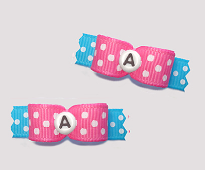 #T9265 - 3/8" Dog Bow - Fun Dots, Pink/Blue, Custom Letter