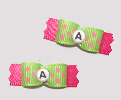#T9266 - 3/8" Dog Bow - Fun Dots, Green/Pink, Custom Letter