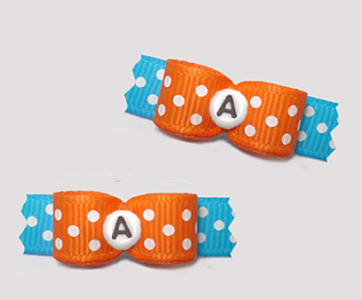 #T9267 - 3/8" Dog Bow - Fun Dots, Orange/Blue, Custom Letter