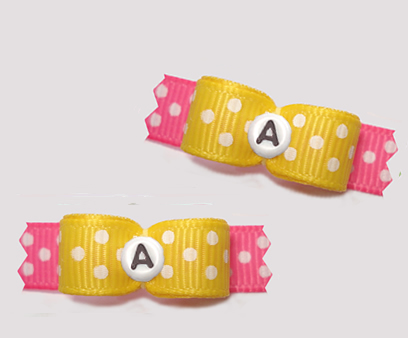 #T9270 - 3/8" Dog Bow - Fun Dots, Yellow/Pink, Custom Letter