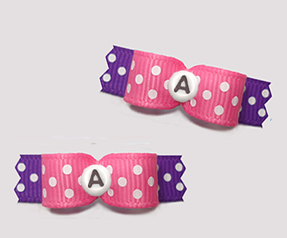#T9271 - 3/8" Dog Bow - Fun Dots, Pink/Purple, Custom Letter
