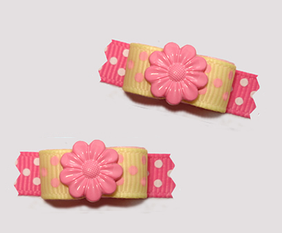 #T9275 - 3/8" Dog Bow - Flower Power, Baby Yellow/Pink w/Dots - Click Image to Close
